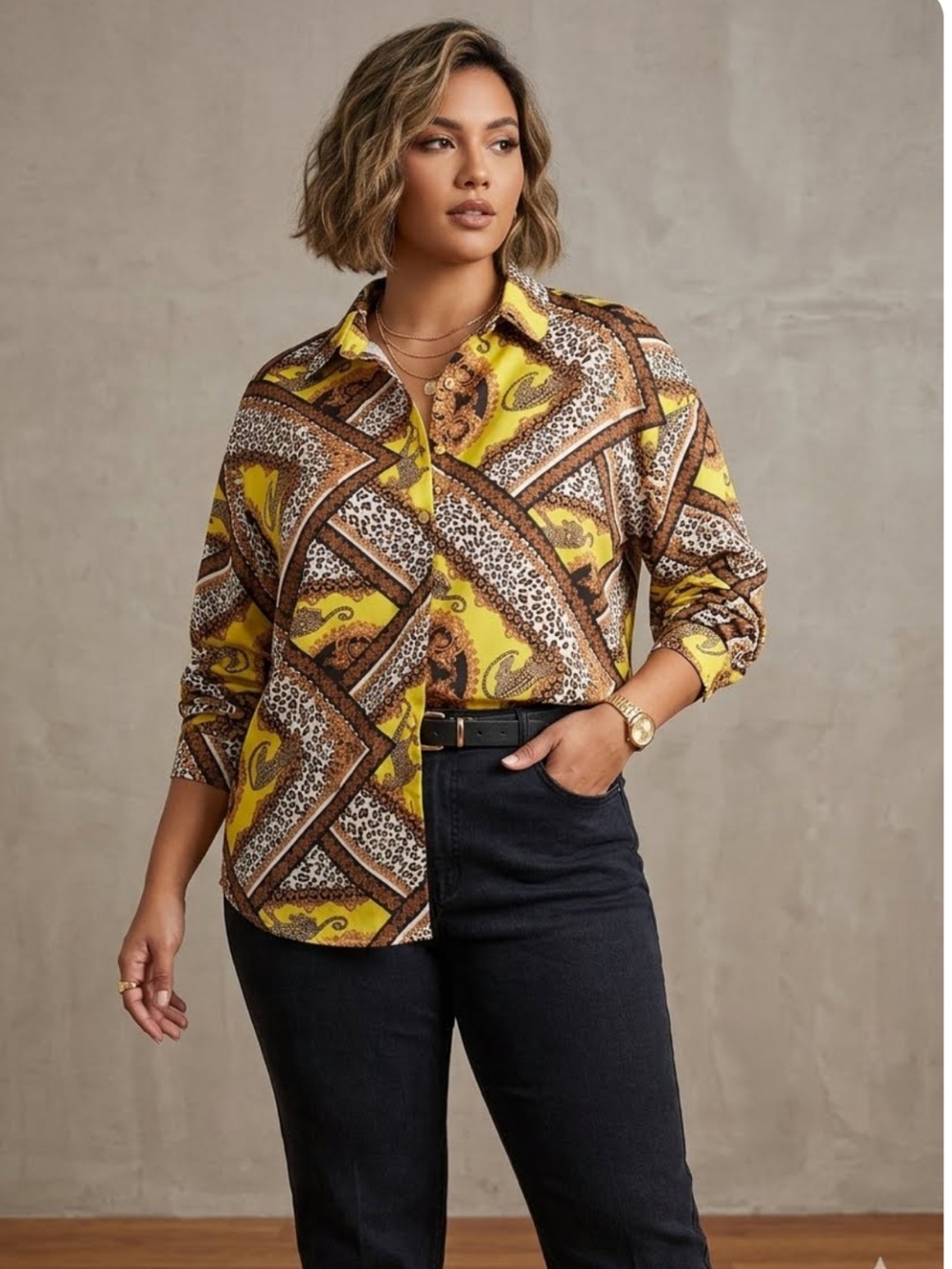 Fashion Nova Yellow, Brown & White Printed Button-Down Shirt